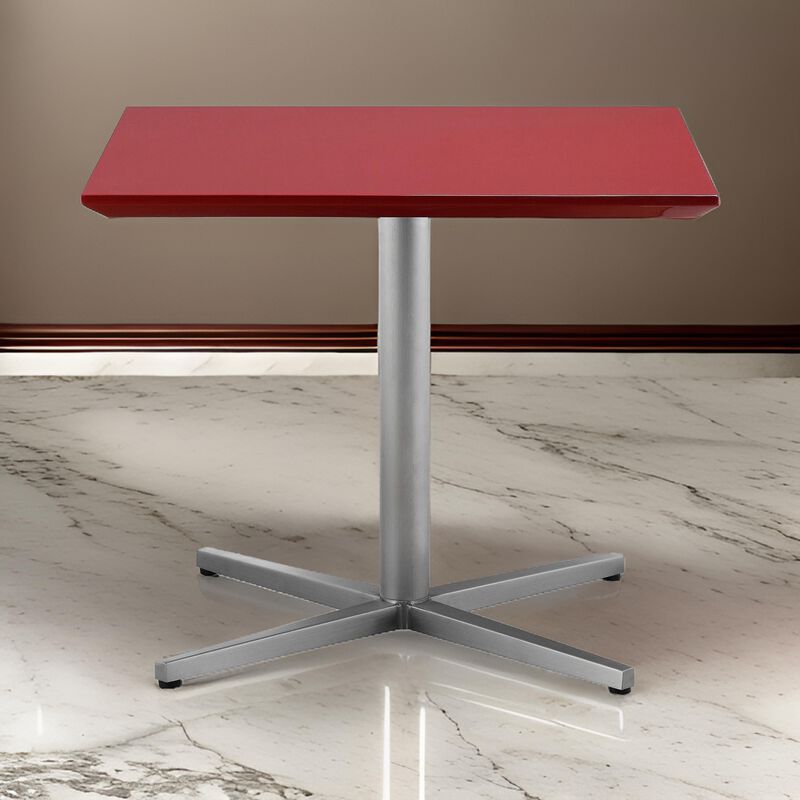 Eva 24 Inch Side End Table, Square Red Lacquer, Crossed Chrome Steel - Benzara