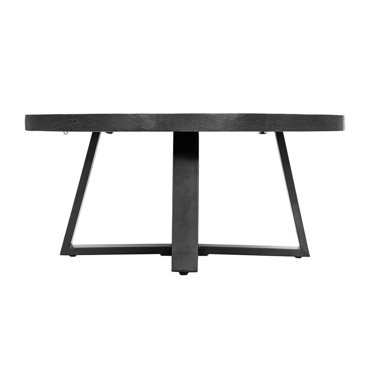 Benjara Raj 39 Inch Round Coffee Table, Cross Legs Design, Black Acacia Wood, Iron