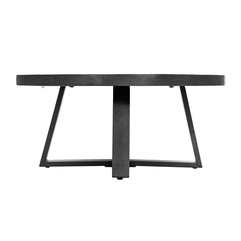 Benjara Raj 39 Inch Round Coffee Table, Cross Legs Design, Black Acacia Wood, Iron