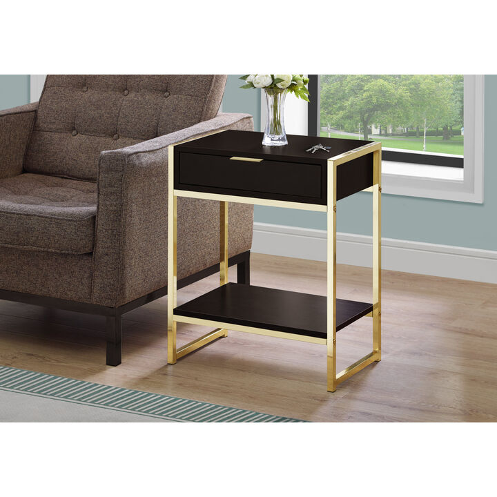 Monarch Specialties I 3486 Accent Table, Side, End, Nightstand, Lamp, Storage Drawer, Living Room, Bedroom, Metal, Laminate, Brown, Gold, Contemporary, Modern