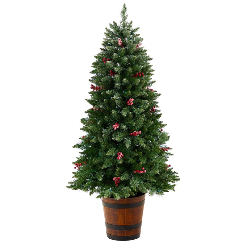 Hivvago 5 Feet Frosted Colorado Aspen Pre-Lit Artificial Porch Christmas Tree with 200 LED lights, 426 Bendable Branches and Berries in Decorative Planter
