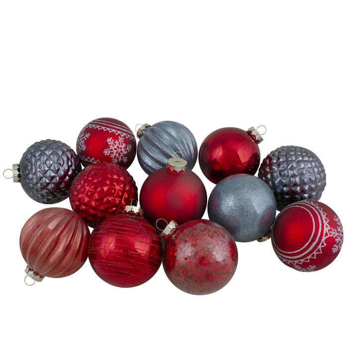 Set of 12 Red and Blue Finial and Glass Ball Christmas Ornaments