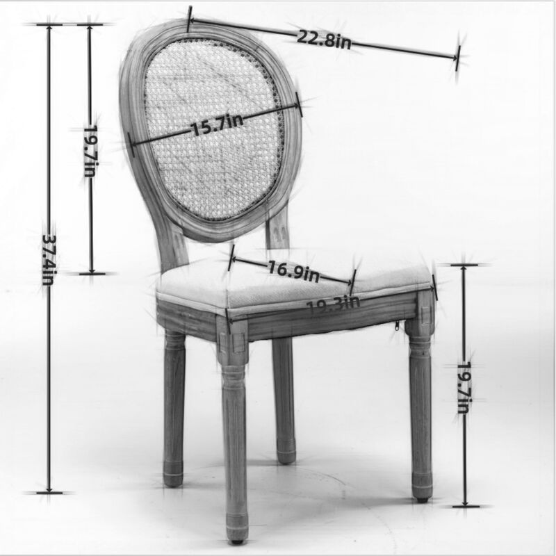 French Style Solid Wood Frame Antique Painting Linen Fabric Rattan Back Dining Chair, Set Of 2, Gray