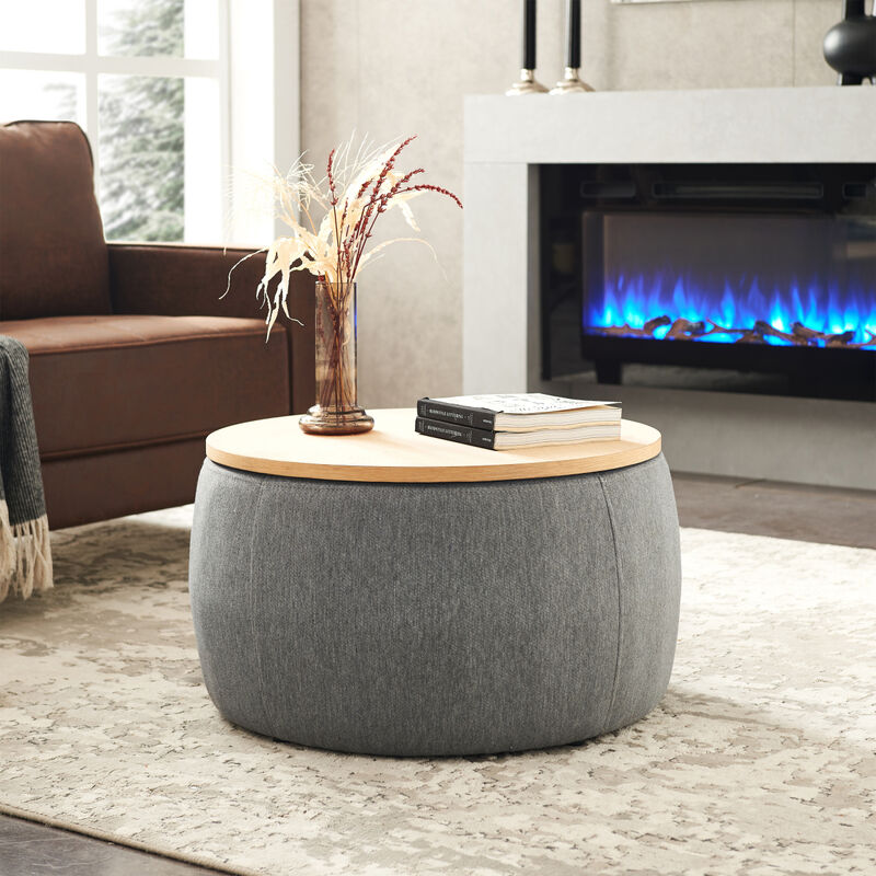 Round Storage Ottoman, 2 In 1 Function, Work As End Table And Ottoman, Dark