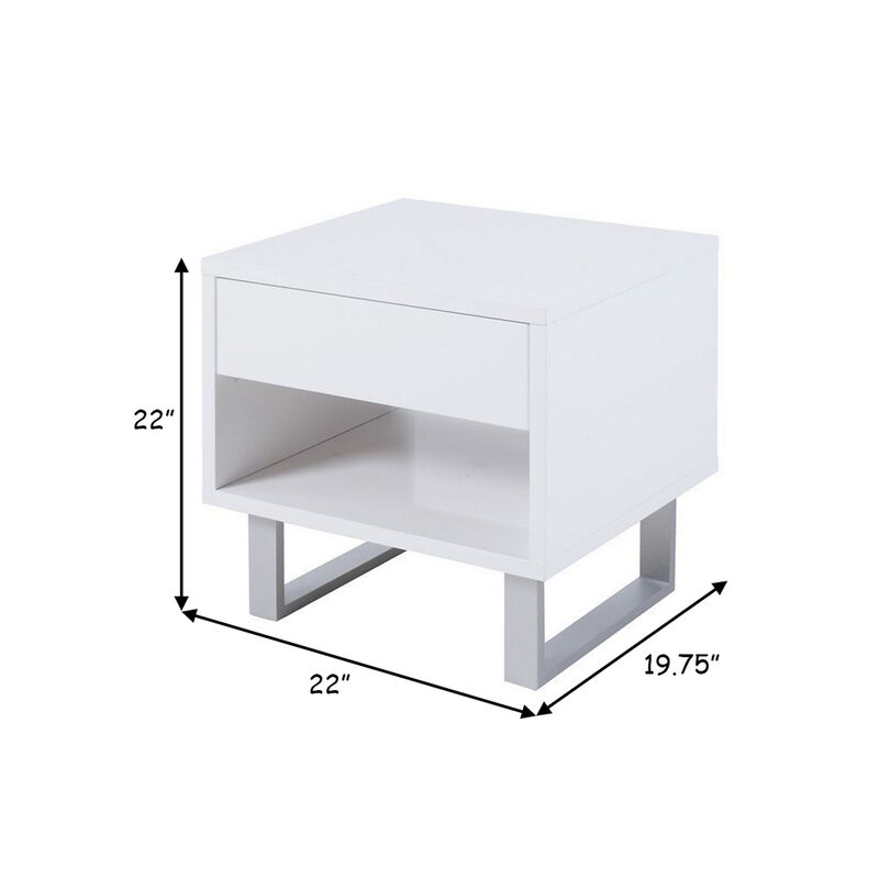 Contemporary Storage End Table With Metallic Base, Glossy White-Benzara