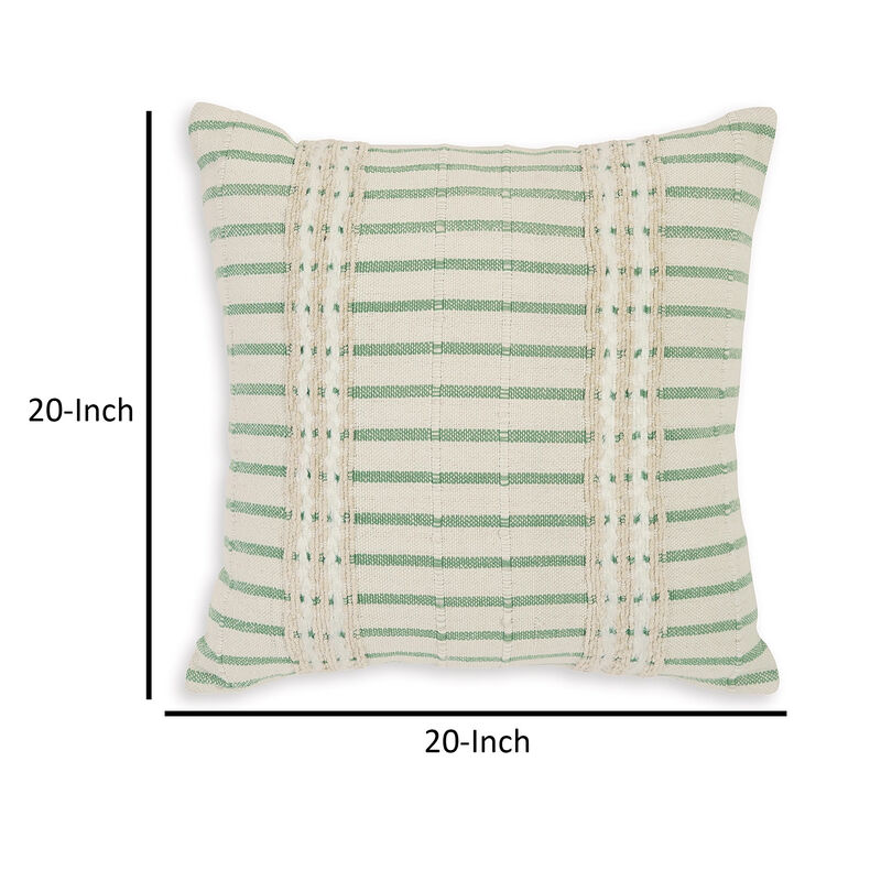 Tony 20 Inch Throw Pillow Set of 4, Striped Design, White and Green Cotton -