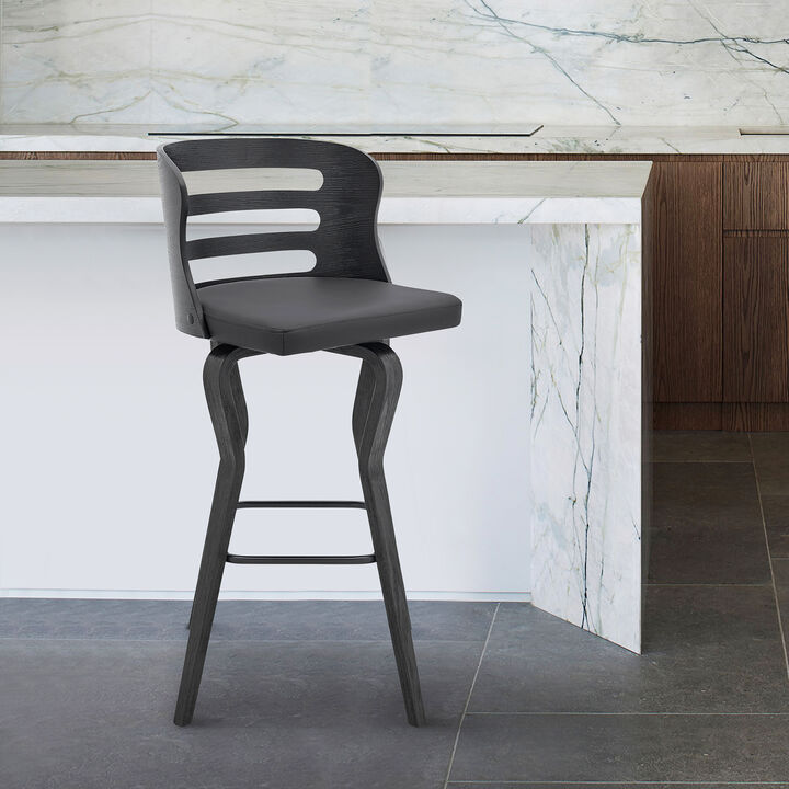 Verne Swivel Gray Faux Leather and Black Wood Bar Stool