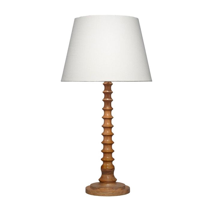 Dio 31 Inch Table Lamp, White Slub Drum Shade, Brown Turned Wood Base - Benzara