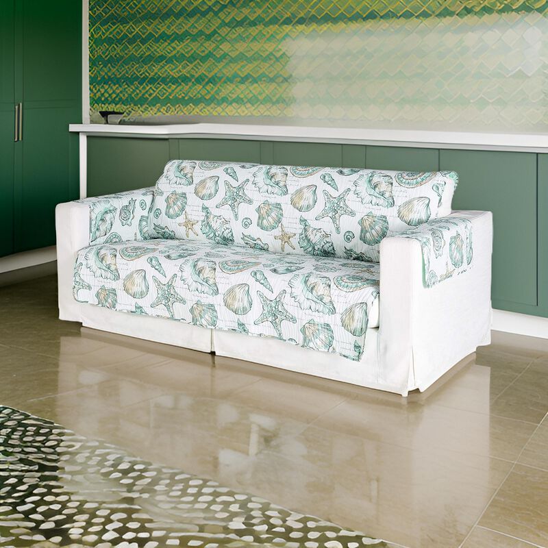 Jiye 127 Inch Wave Quilted Sofa Cover with Seashell Design, White Polyester - Benzara
