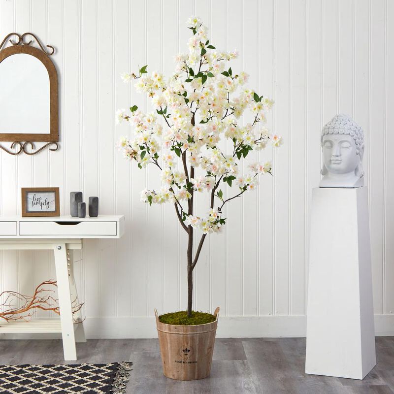 Hivvago 6 Feet Cherry Blossom Artificial Tree in Farmhouse Planter