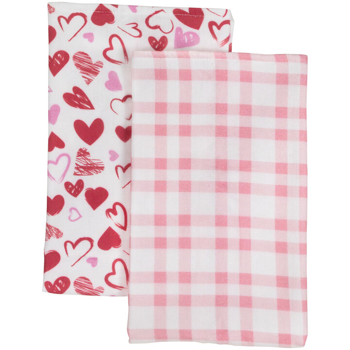 Set of 2 Hearts and Pink Plaid Valentine's Day Kitchen Tea Towels 26"