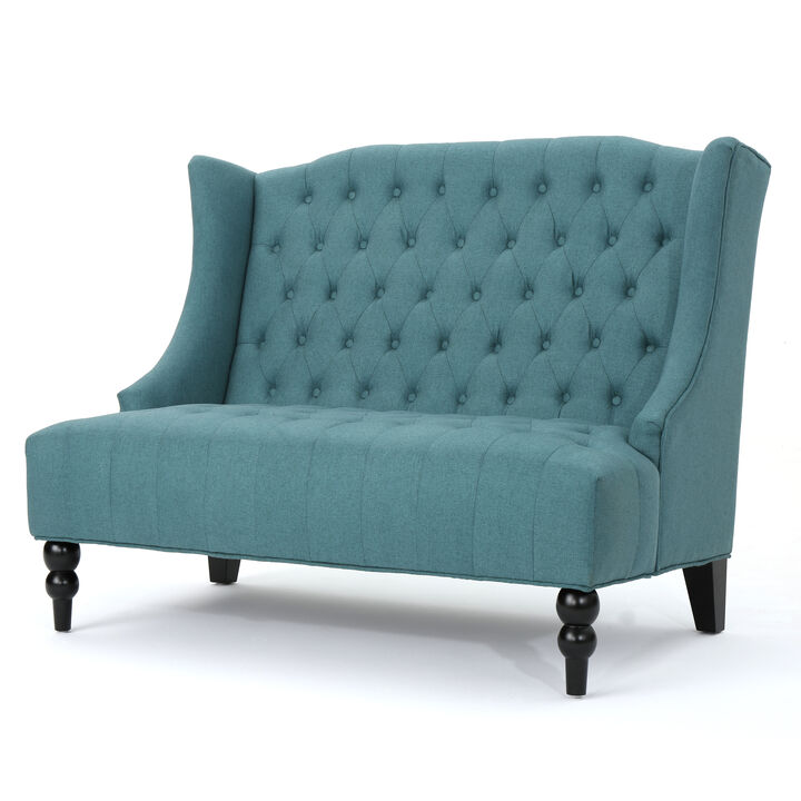 Lanny Loveseat Settee, Wingback Bench 50 Inch Wood, Tufted Teal Velvet - Benzara