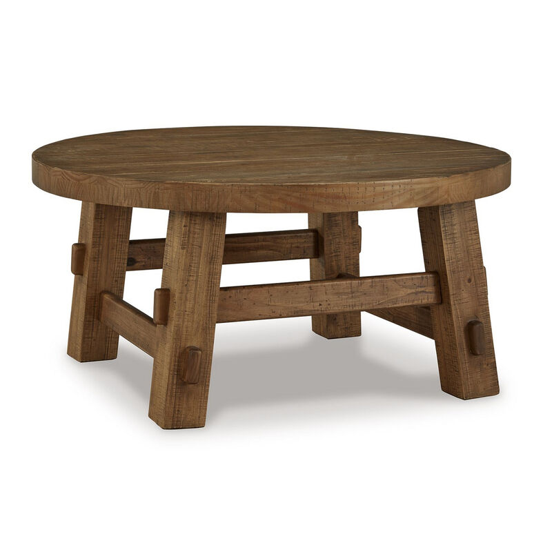 Ack Round Cocktail Coffee Table, Block Legs, 40 Inch Brown Pine Wood - Benzara
