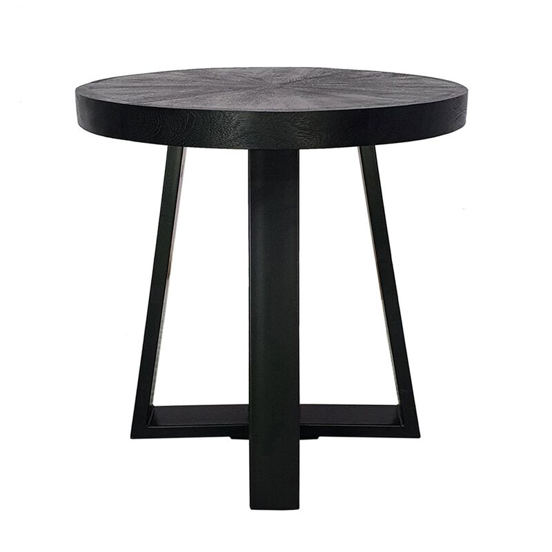 Benjara Raj 24 Inch Round Side End Table, Cross Legs Design, Black Acacia Wood Iron