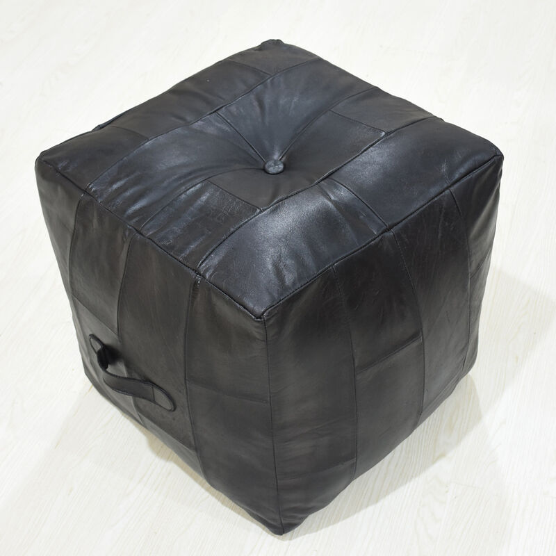 Geometric Handmade Leather Square Pouf 16"x16"x16" (Recycled Foam with Fibre Fill) Black Color MABBBACPF25 BBH Homes