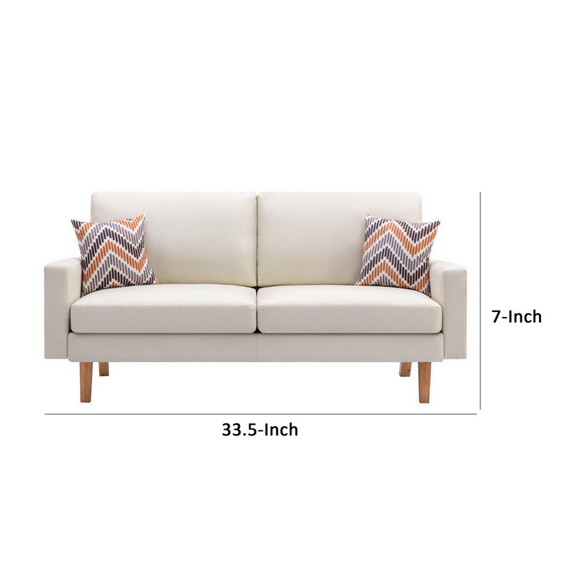 Gala Sofa, Crisp Soft Beige Linen Fabric, 2 Pillows, Brown Solid Wood Frame-Benzara
