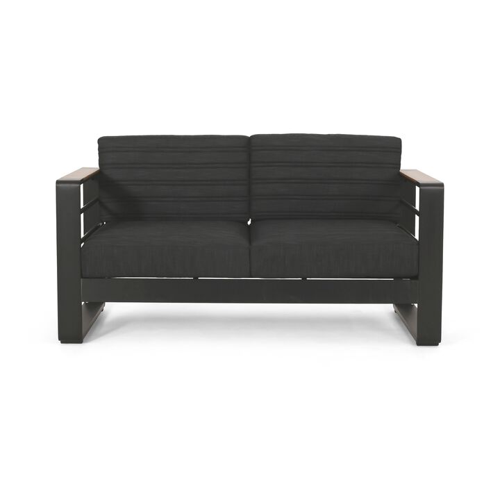Vinia Loveseat, Outdoor Dark Gray Polyester, Wood Accents, Black, 57 Inch