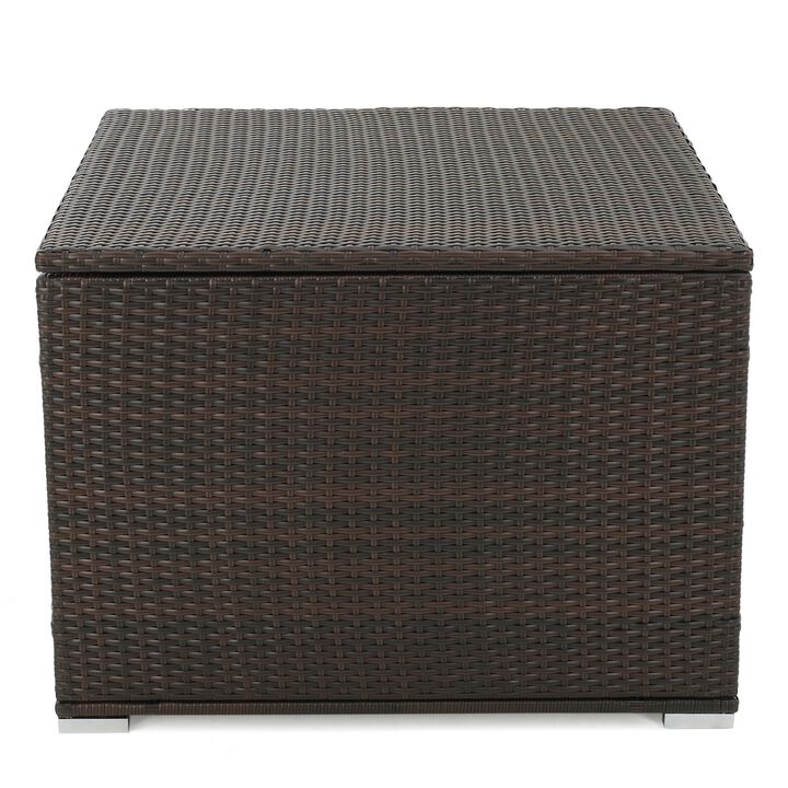 Sanie Outdoor Storage Chest, Square 34 Inch, Brown PE Rattan, Iron - Benzara