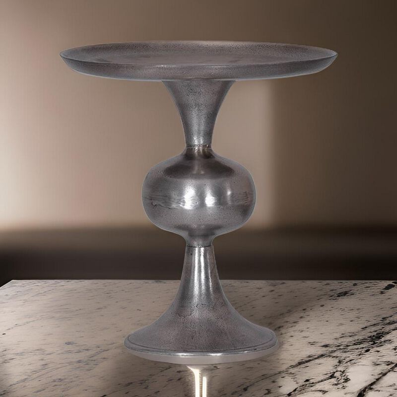 Ria 14 Inch Cake Stand, Solid Round Top, Pedestal Base, Silver Aluminum - Benzara