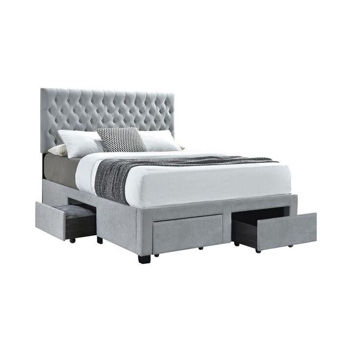 Fabric Upholstered Wooden Queen Size Bed with Bottom Drawers, Gray-Benzara