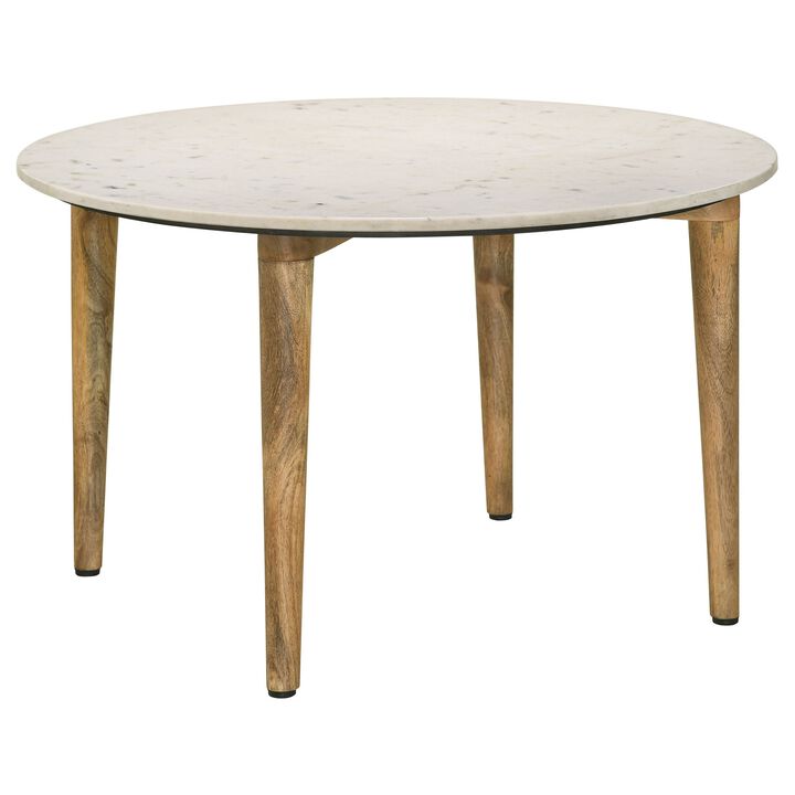 Wolu 30 Inch Coffee Table, White Marble Round Top, Natural Brown Mango Wood - Benzara