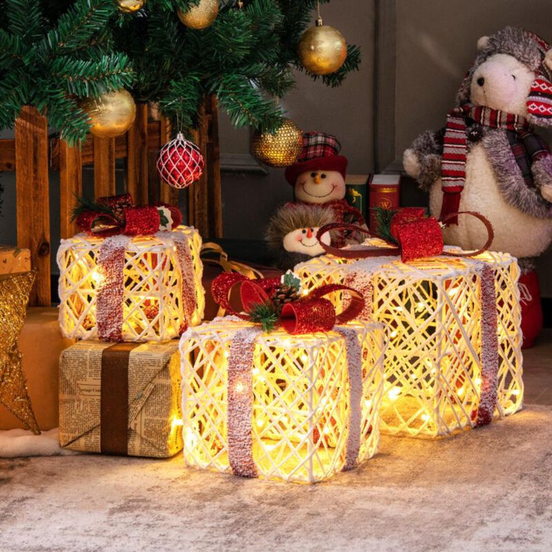 Hivvago Set of 3 Christmas Lighted Gift Boxes Decorations with Red Bowknots