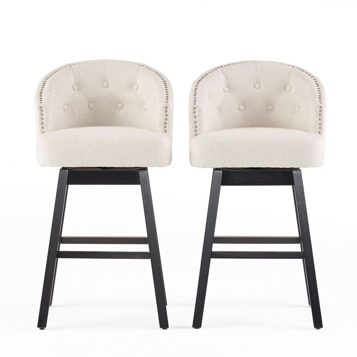 Barstool Chair Set of 2, Oval Shaped Fabric Cushion, Soft Beige Fabric - Benzara