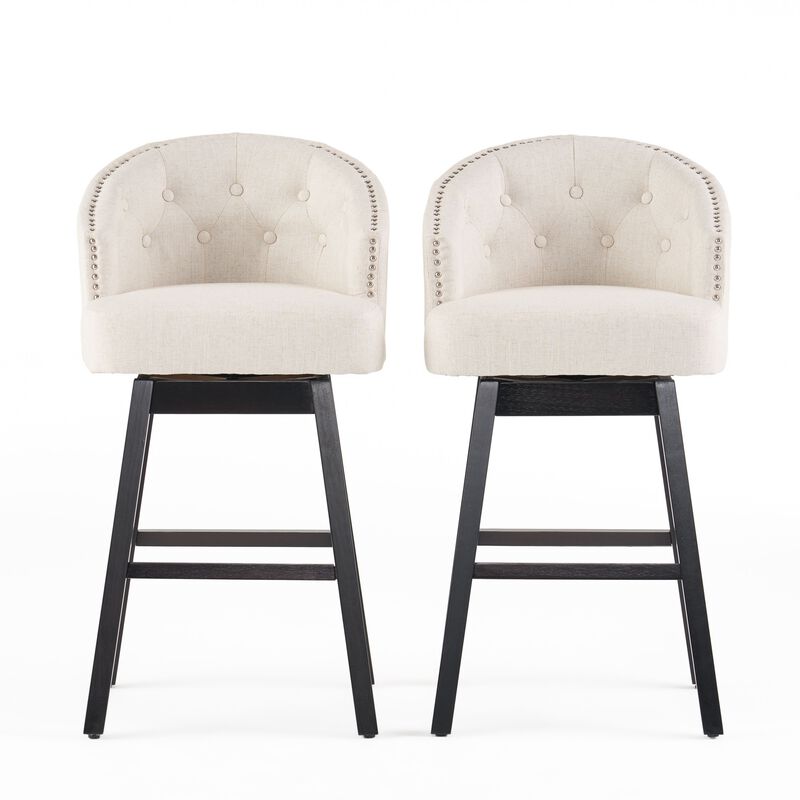 Barstool Chair Set of 2, Oval Shaped Fabric Cushion, Soft Beige Fabric - Benzara