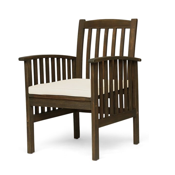 Gerry Dining Chair, Outdoor Traditional Slatted Gray Acacia Wood, Cream - Benzara