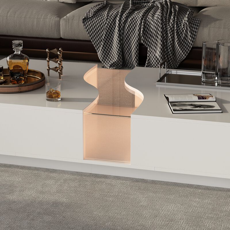 55.1 in. W White Rectangle Wooden End Table, Side Table, Coffee Table with 2-Drawers and Visable Decored Light