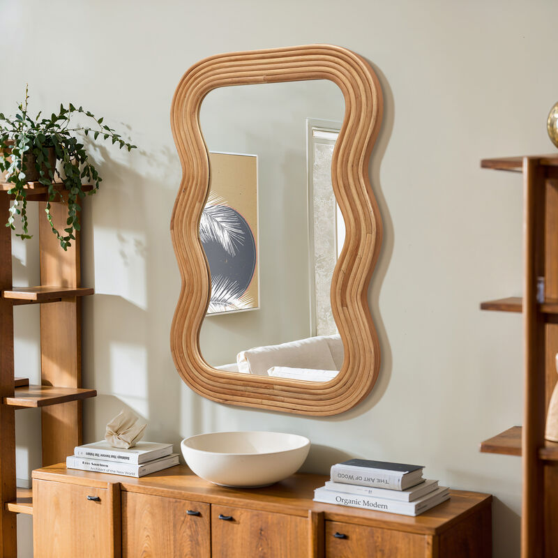 LuxenHome 39-Inch Tall Rectangular Natural Cork Wood Wavy Frame Accent Wall Mirror