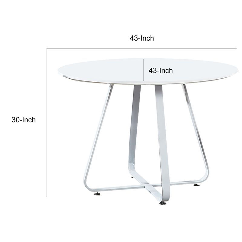 43 Inch Dining Table, Round High Gloss White Top and Angled Metal Legs - Benzara