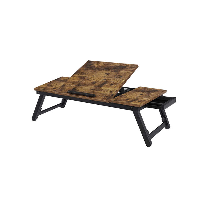 Rustic Dark Brown Laptop Desk - Adjustable Tilt Top, Folding Legs, and Drawer for Bed, Sofa, and Breakfast