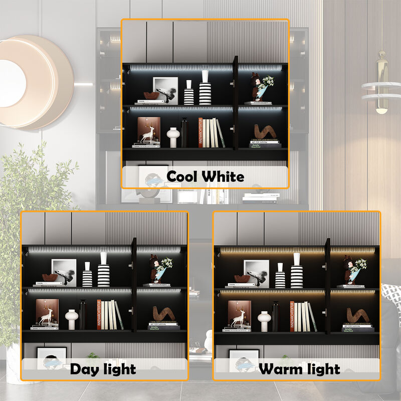 Black Wood 47.2 in. W Buffet Food Pantry W/Hutch, Glass Doors, Adjustable Shelves, LED Lights (14.2 in. D x 78.7 in. H)
