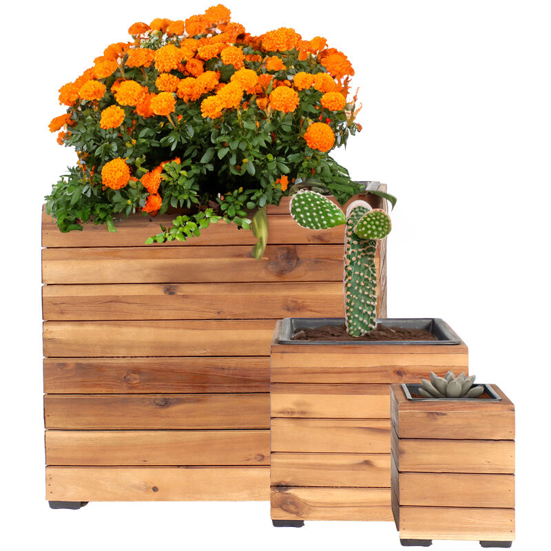 Sunnydaze 3-Piece Acacia Square Planter Boxes with Liners