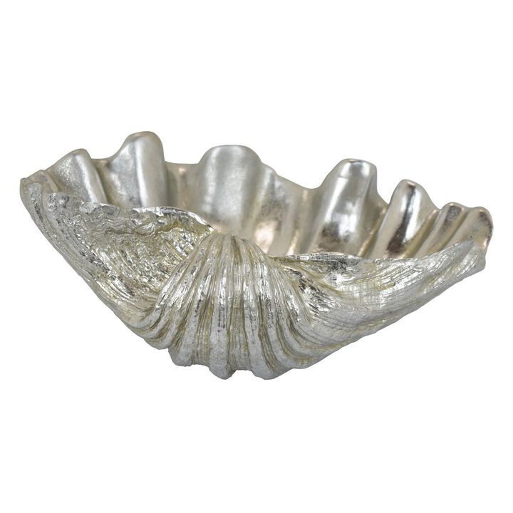 Coastal Seashell Decorative Bowl, Textured Chrome Silver Resin 19 Inch - Benzara