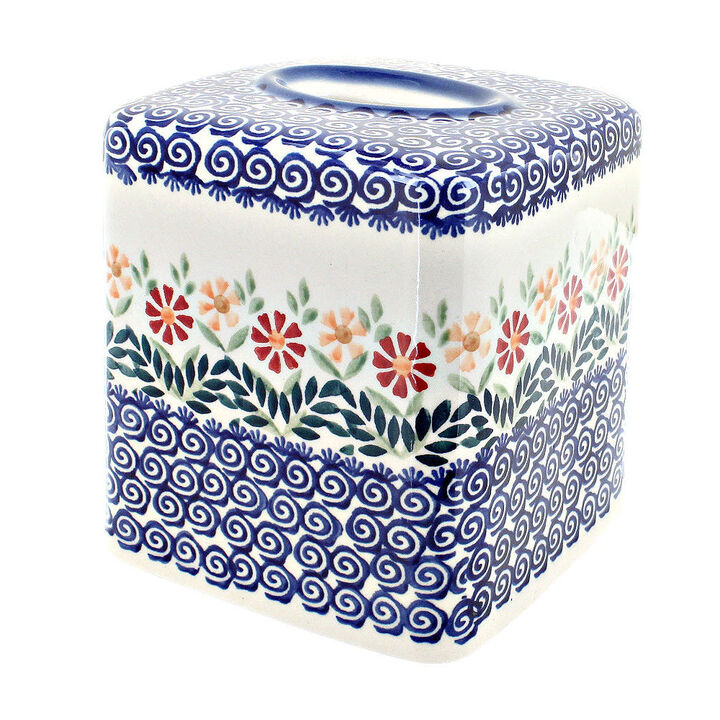 Blue Rose Polish Pottery Garden Bouquet Tissue Box
