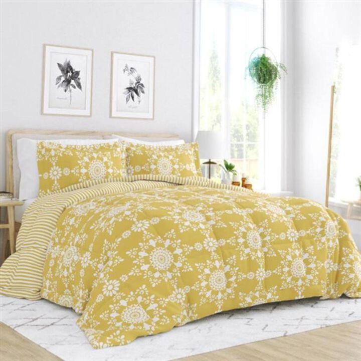 Hivvago King Size 3 Piece Yellow Reversible Daisy Medallion Stripped Comforter Set