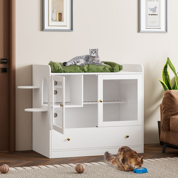 Extra Large Cat Litter Box Furniture Hidden, Cat Condo Pet House with Stairs, Cat Litter House for Living Room, White