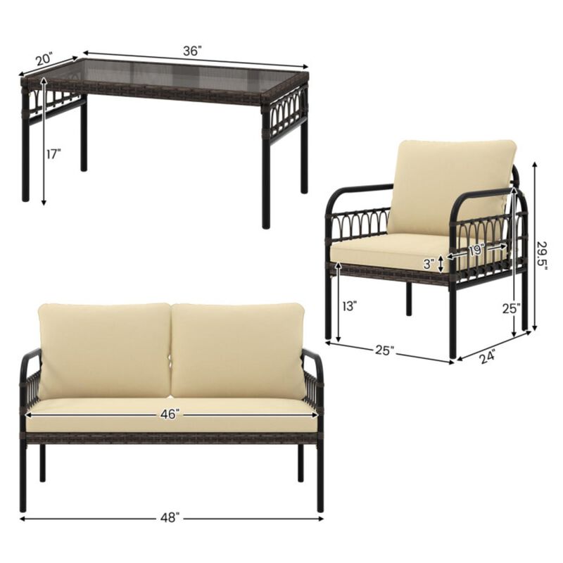 Hivvago 4 Pieces Outdoor Wicker Conversation Bistro Set with Soft Cushions and Tempered Glass Coffee Table