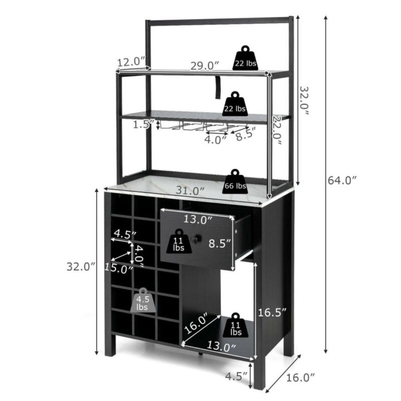 Hivvago Kitchen Bakers Rack Freestanding Wine Rack Table with Glass Holder and Drawer