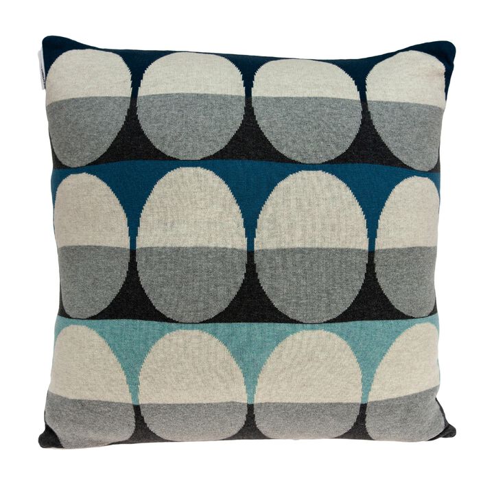 20" Blue and Tan Oval Accents Knitted Square Throw Pillow