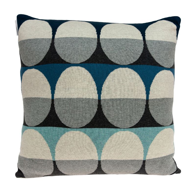 20" Blue and Tan Oval Accents Knitted Square Throw Pillow