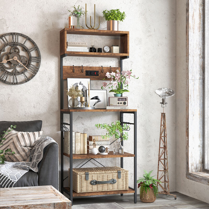 60 Inch Tall Microwave Stand with Open Shelves and 10 Hanging Hooks