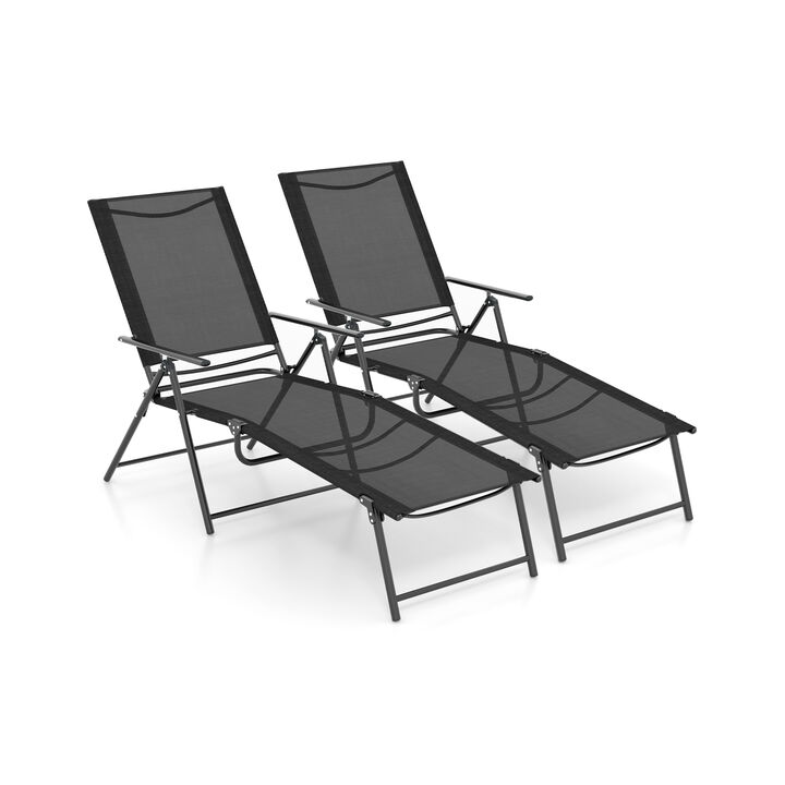 2 Piece Patio Folding Chaise Lounge Chairs Recliner with 6-Level Backrest
