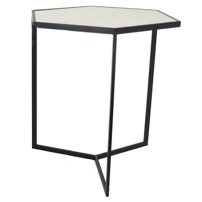Plant Stand Table Set of 2, Black Metal Frame, Hexagonal White Tabletop - Benzara