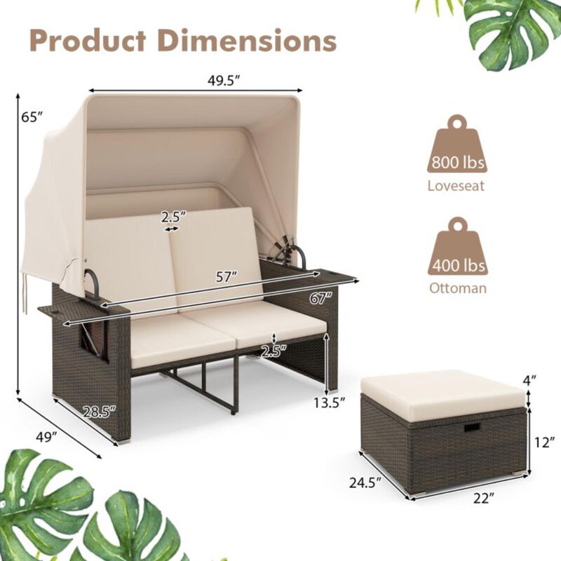 Hivvago Outdoor Patio Rattan Daybed with Retractable Canopy and Adjustable Backrests