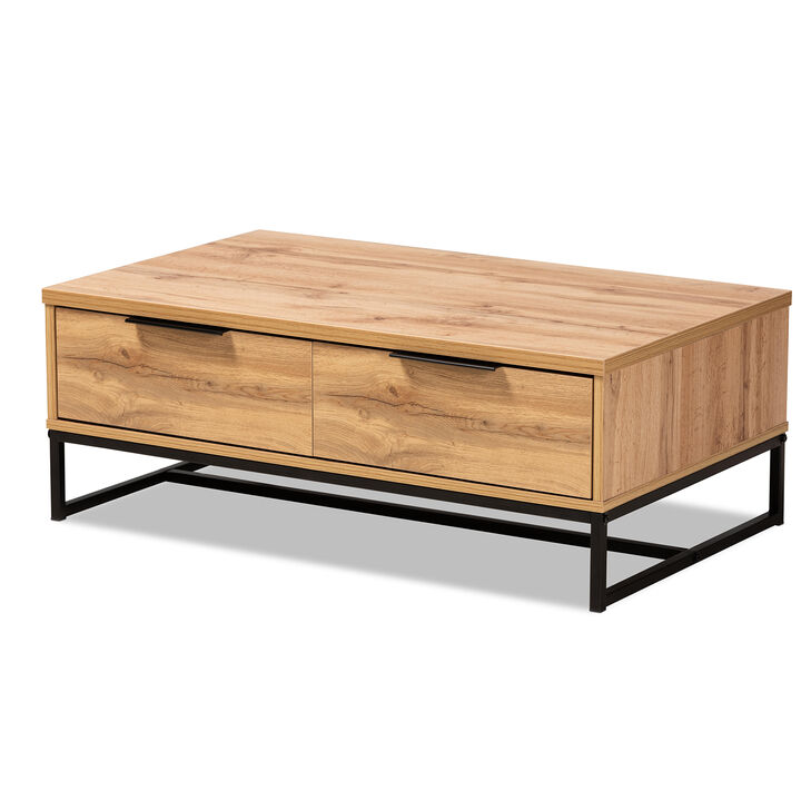 Baxton Studio Franklin Oak Brown Finished Wood And Black Finished Metal 2 Drawer Coffee Table