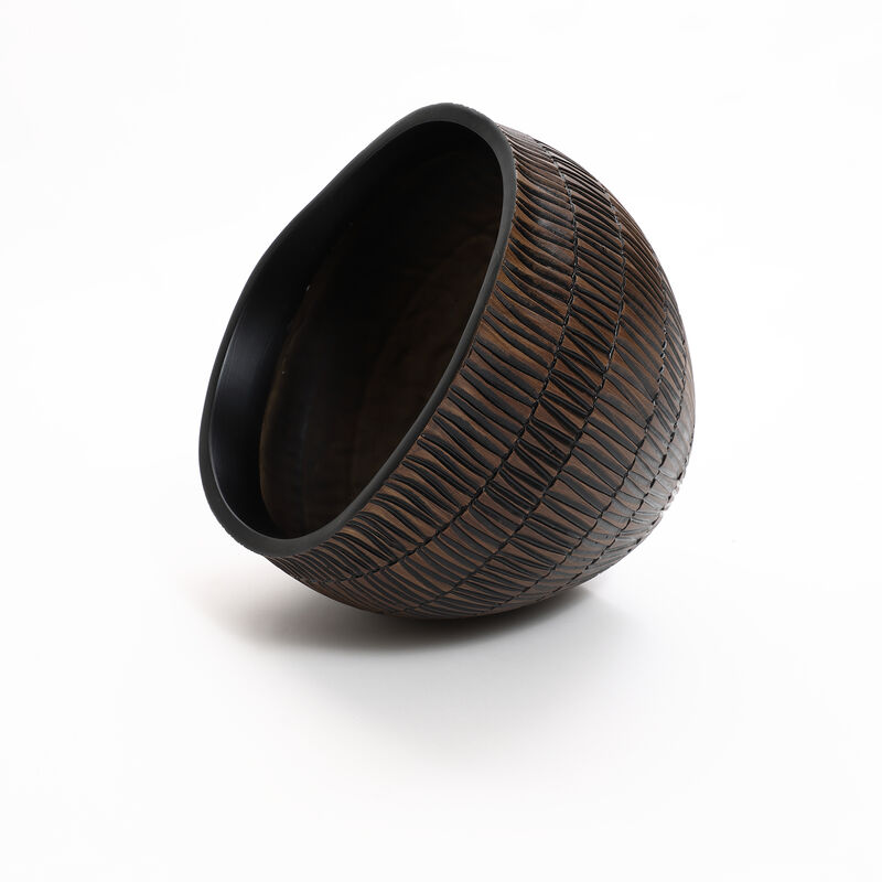 LuxenHome Brown with Black V-Pattern Polyresin 12-Inch Round Planter