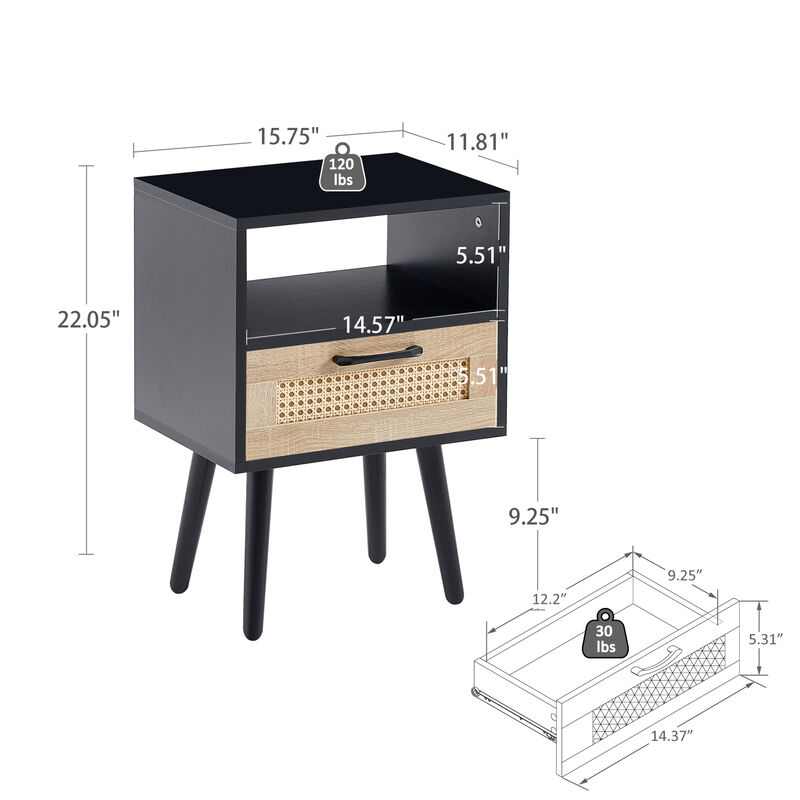 Rattan End table with drawer and solid wood legs, Modern nightstand, side table for living roon, bedroom, black